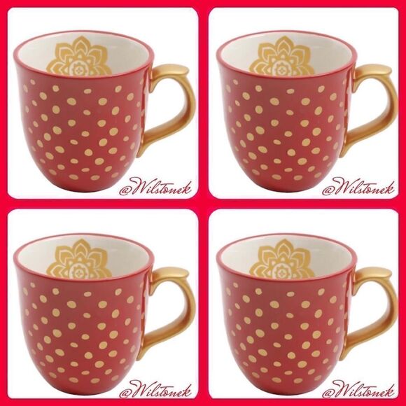 Rare- The Pioneer Woman Set of 4 Holiday Charm Red & Gold Polka Dot Mugs - Picture 1 of 3
